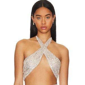 For Love & Lemons Candice Cross Front Crop Top silver sequins size M
